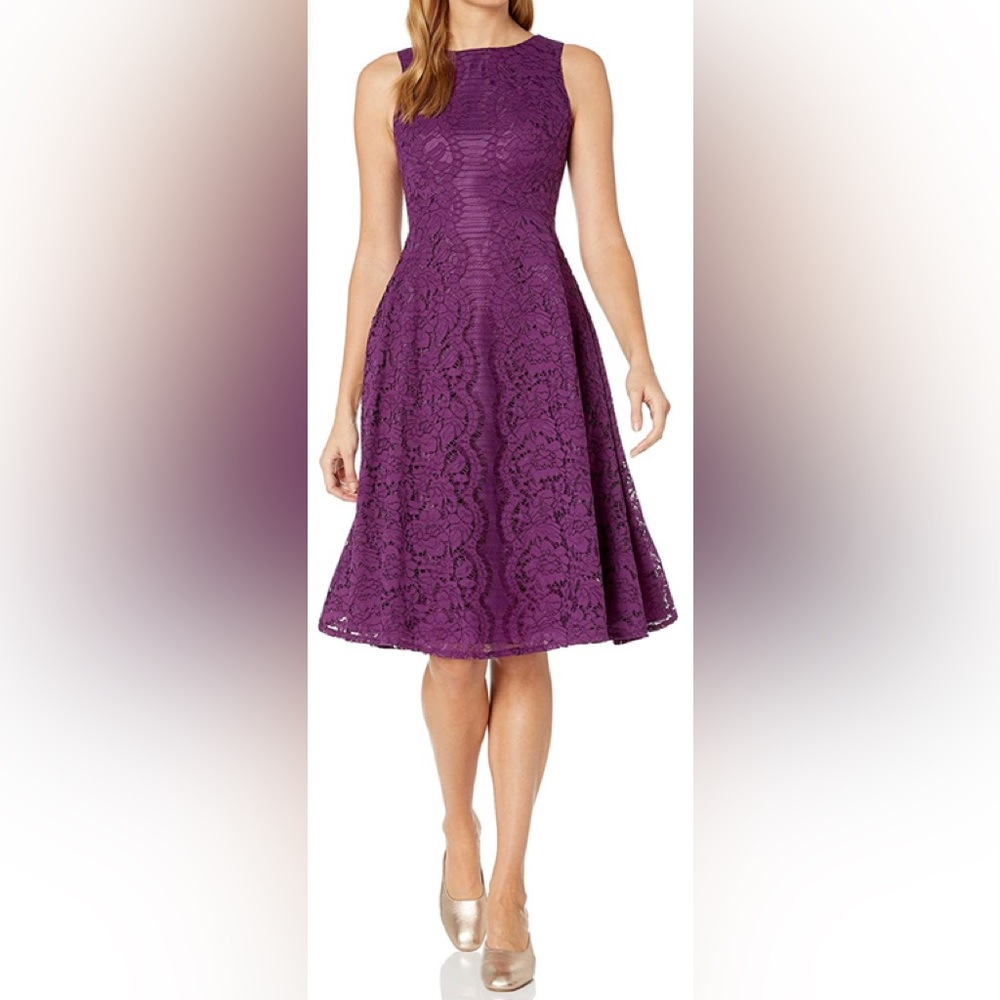 Gabby Skye Purple Lace Sleeveless Flair Double Lined Midi Dress Size 8